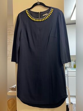 Trina Turk Navy Shift Dress with Yellow Beaded Neckline